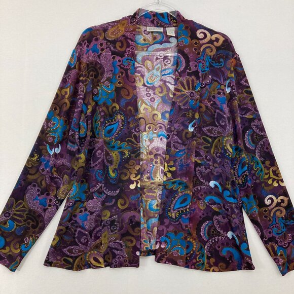 Chico's Jackets & Blazers - Chico's Travelers size Large/2 Purple Blue Floral Artsy Slinky Knit Open Jacket